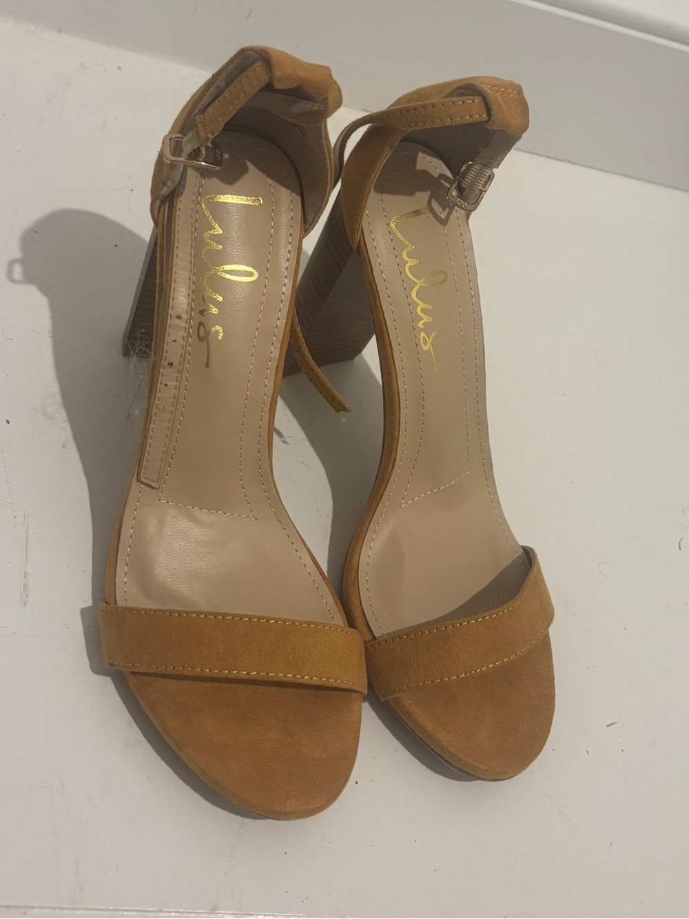 Lulu's Mustard Tan Suede Block Heel Sandals with Ankle Strap